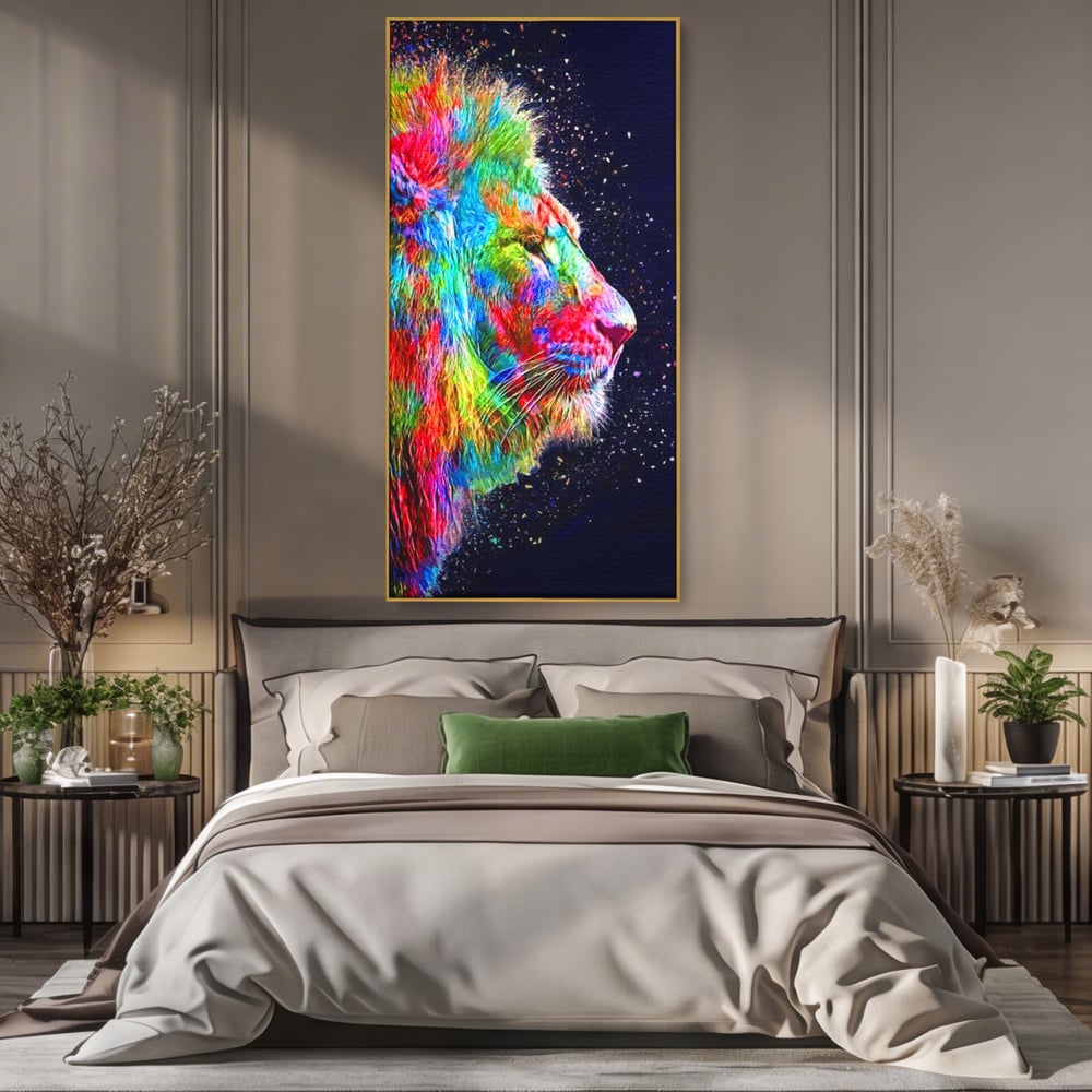 Tablou canvas cu tablou canvas cu profil de leu multicolor, in rama de aluminiu auriu, pe perete intr-un dormitor